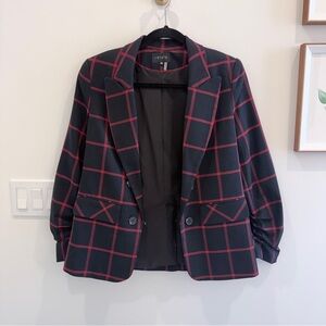 STATE Women's Blazer in Dark Blue with Red Check Pattern